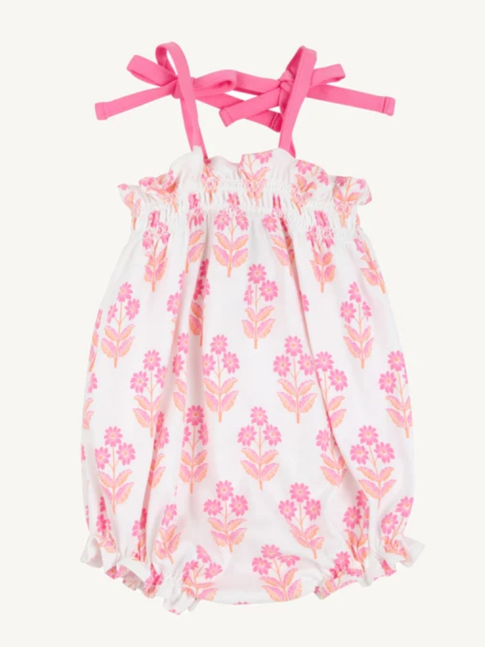 The Beaufort Bonnet Company Pink Toile Floral Bubble Romper with Tie Straps TBBC